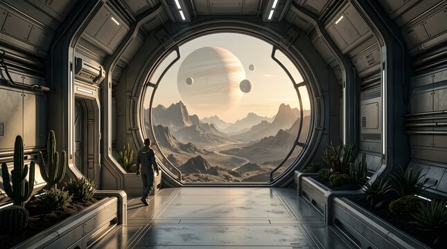 Astronaut stands inside a space station viewing a giant planet landscape