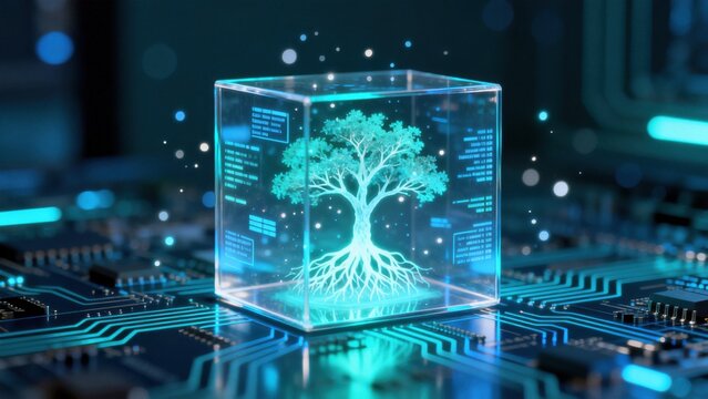 Tree in glass cube on circuit board