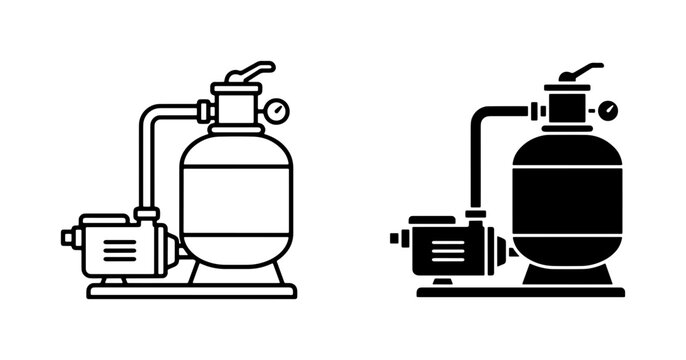 Pool Pump and Filter System Icons, Water Filtration Equipment, Swimming Pool Maintenance Vector Set
