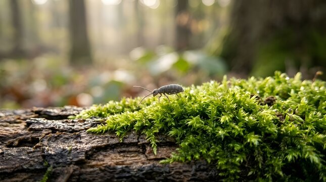 Macro of Small Grey Insect Crawling on Green Moss in Forest
