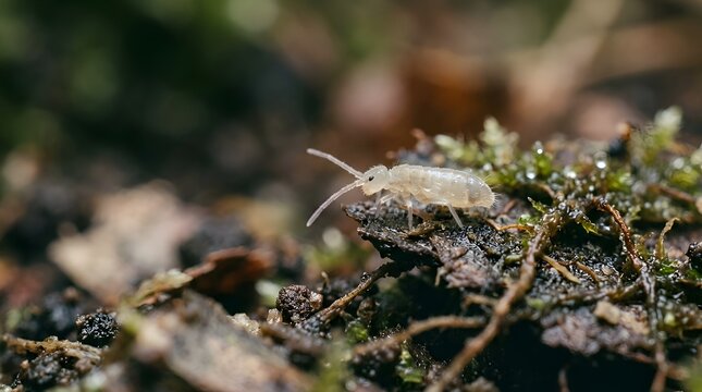 Macro Shot of a Tiny White Springtail on Forest Moss
