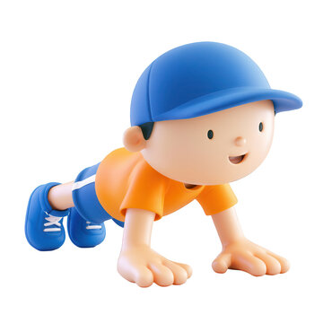 Young boy in a blue cap does a push-up