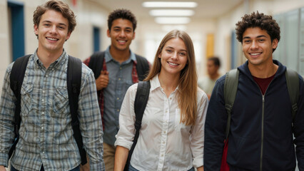 Fototapeta premium A group of young people are smiling and walking down a hallway. They are all wearing backpacks and one of them is wearing a white shirt