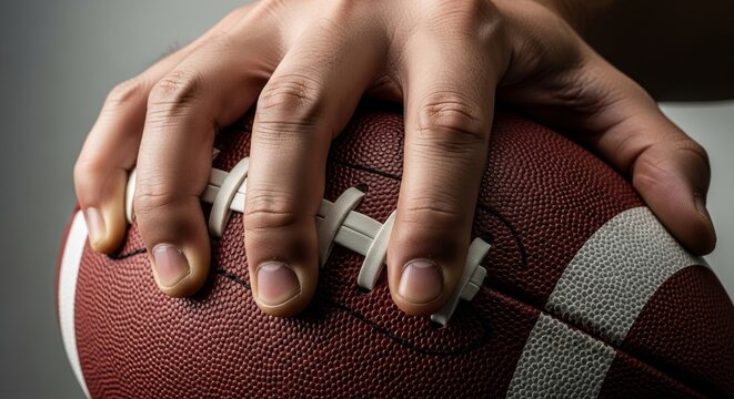 American football player grips a textured brown pigskin ball with his fingers while preparing for a high stakes match.