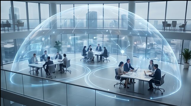 Futuristic Business Hub: Digital Networking in Modern Office Spaces