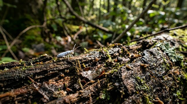 Macro Shot of a Silver Springtail on Mossy Rotting Log