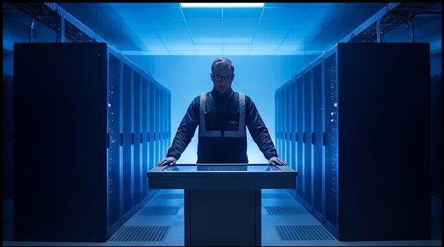 Tech Specialist Monitoring Server Racks in Blue-Lit Data Center