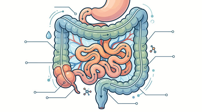 An educational vector illustration of the human digestive system, depicting intestines and stomach anatomy with detailed clarity for medical and biological study