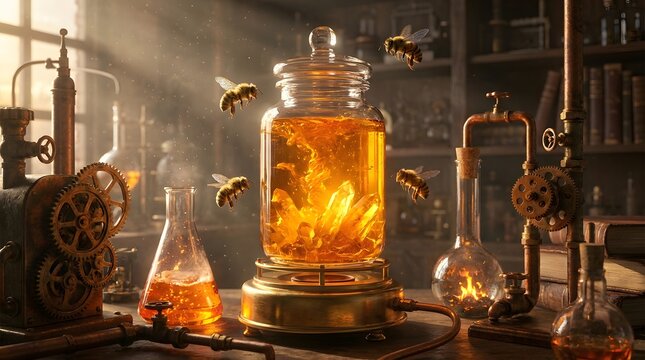 Bees flying around a magical honey jar with crystals in a steampunk lab