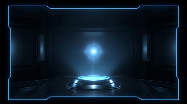 Quantum Nexus: Illuminated Holographic Core in Futuristic Chamber