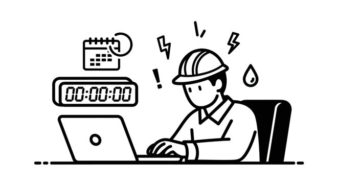 Man wearing hardhat using laptop computer.