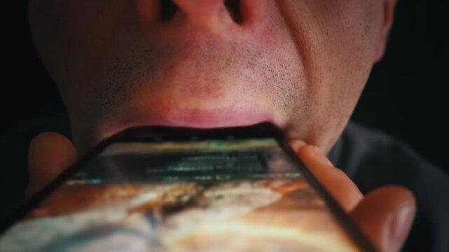 A man with a wide open mouth prepares to bite a glowing smartphone screen. The bright display vividly illuminates his face in the dark room. This highlights extreme digital media addiction.