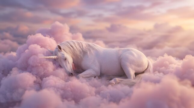 White unicorn sleeping on soft pink clouds in a magical dreamlike sky