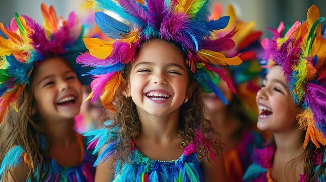 children wearing vibrant multicolored feather headdresses and matching feathered costumes celebrating joyfully at a colorful festival