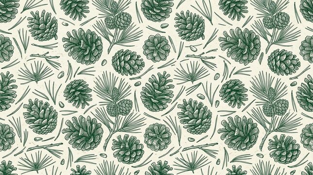Pine cone and needle repeat pine cone and needle scatter repeat vivid dark green on pale