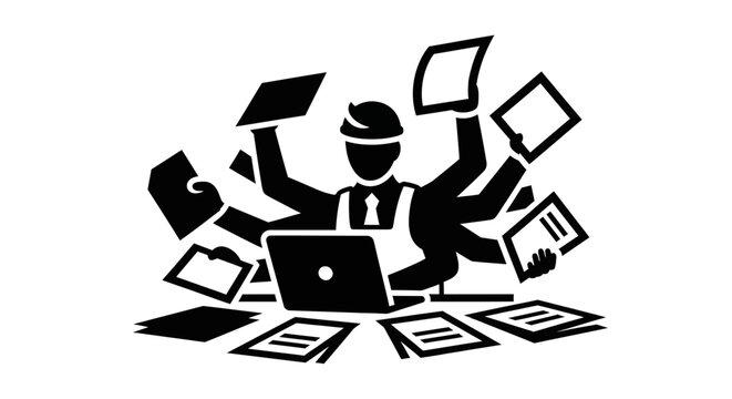 Overwhelmed businessman with laptop papers.