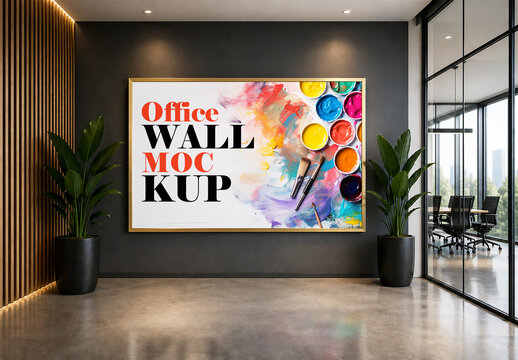 Stylish office wall mockup with framed artwork and paint design