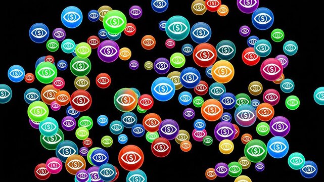 Colorful eye dollar symbols on black for creative digital media and visual arts