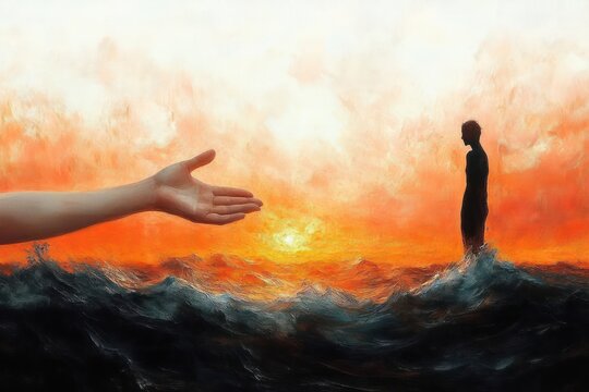 Outstretched hand reaching toward a solitary silhouette standing on turbulent sea at an orange sunset, evoking hope, longing, and offer of help