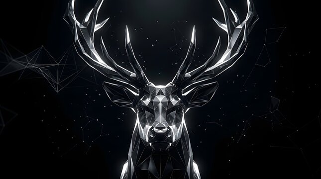Metallic low poly deer head portrait with digital geometric constellation