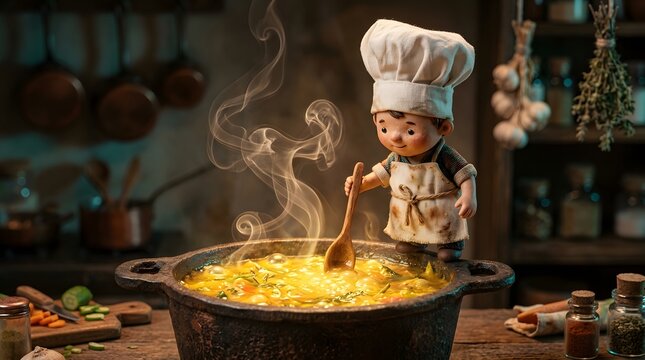 Small cartoon chef character cooking hot soup in a rustic kitchen pot