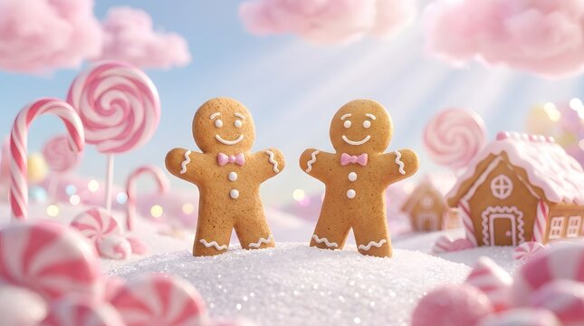 Two happy gingerbread men standing in a pink candy land for Christmas