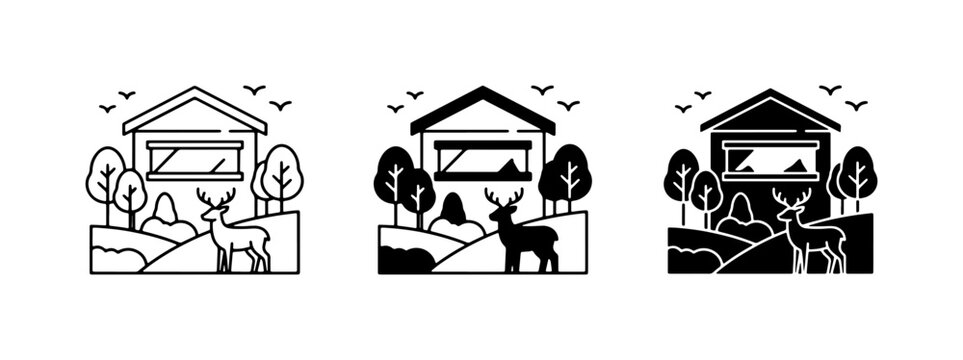 Deer Hunting Blind, Rustic Cabin Scene, Wildlife Observation Icons. Set of 3.
