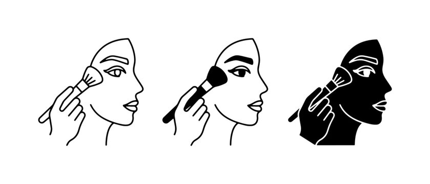 Woman Applying Makeup, Cosmetic Brush Icon Set, Beauty Routine Vector Graphics