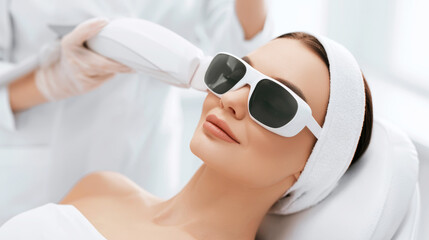 Naklejka premium Woman getting a laser treatment on her face from a medical professional. Patient wears eye protection during skin care routine