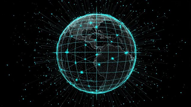 Globe with neon grid overlay, holographic style, connecting lights in cyan, dark backdrop, high-resolution illustration.