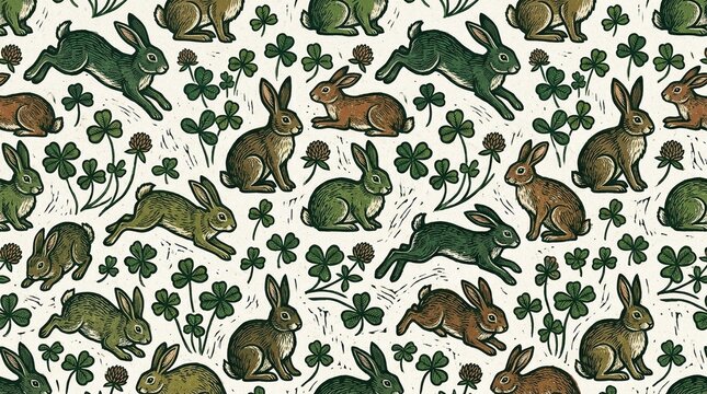 Rabbit and clover repeat rabbit and clover scatter repeat pattern vivid pastoral tones
