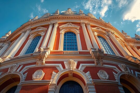 majestic curved red brick facade with tall arched windows, white columns and ornate stone carvings under a bright blue sky