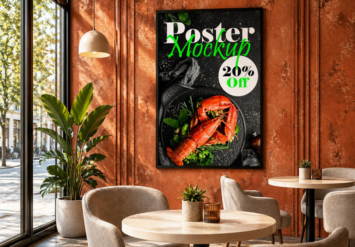 Restaurant poster mockup with seafood dish on stylish cafe wall