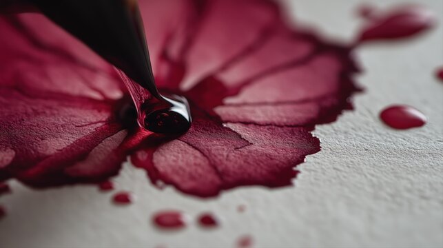 Deep Burgundy Ink Drop Spreading on Textured Paper
