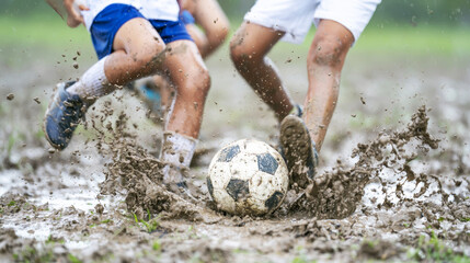 Children playing soccer on muddy field, legs kicking ball, dynamic action splashing mud, youth enjoying sport
