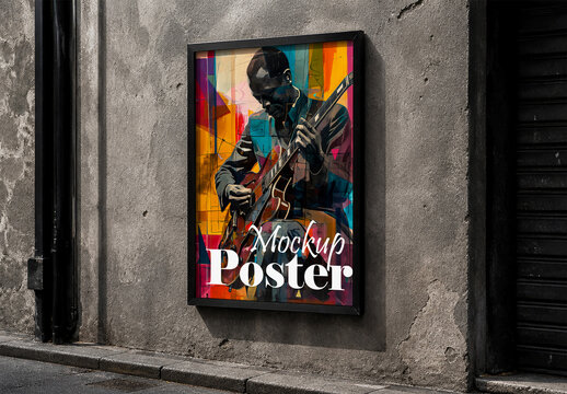 Urban street poster mockup featuring abstract jazz musician artwork