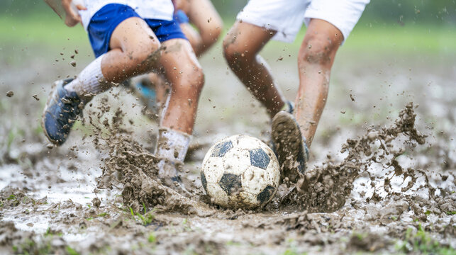 Children playing soccer on muddy field, legs kicking ball, dynamic action splashing mud, youth enjoying sport