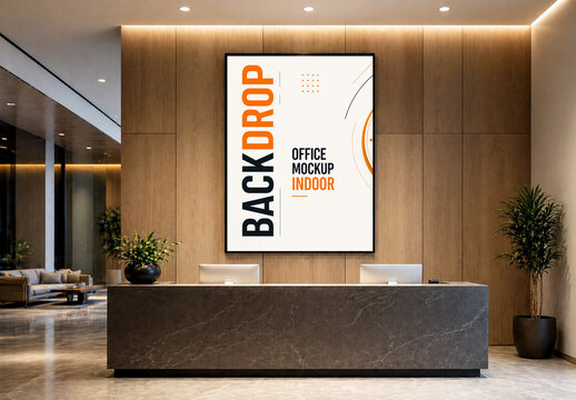 Vertical Backdrop Mockup on Wooden Wall in Modern Office Reception Lobby