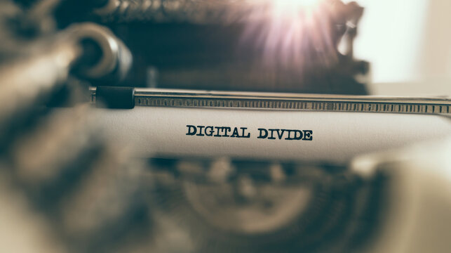 Typewriter word digital divide on paper, showing technology gap and old communication concept with vintage aesthetic