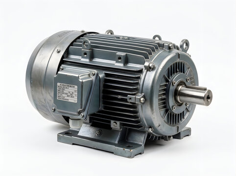 Industrial electric three-phase motor with robust shaft and protective casing shown in high-resolution close-up, neutral gray color palette, professional engineering focus