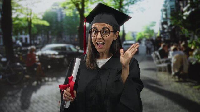 Woman in graduation gown holds diploma and touches nose with finger on a city street wearing mortarboard and glasses; playful.