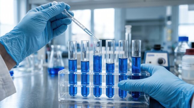 Science Precision: A scientist meticulously conducts a laboratory experiment, utilizing precise equipment and tools to analyze chemical solutions.