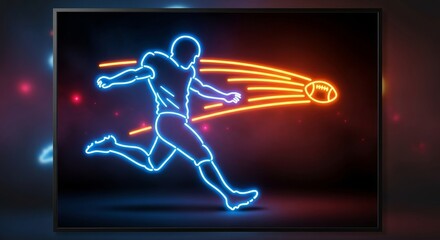 Naklejka premium American football player neon light graphic shows a dynamic athlete throwing a ball across a dark digital frame to signify intense competition and modern sports entertainment media.