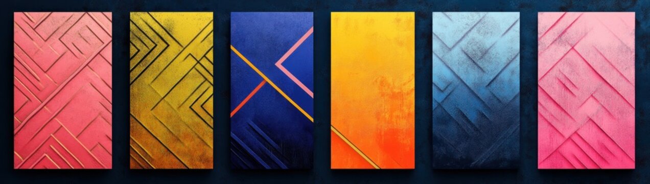six vertical rectangular colorful textured panels with geometric embossed and diagonal patterns, gradients and bold colors on a dark background, energetic modern mood
