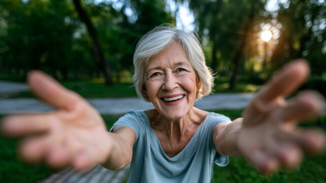 Happy senior woman reaching hands forward in a park, smiling cheerfully, inviting loving interaction and connection