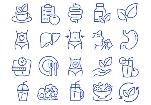 Digestion, intestine, stomach, and probiotics editable stroke outline icons set isolated on white background flat vector illustration. Pixel perfect. 64 x 64. 