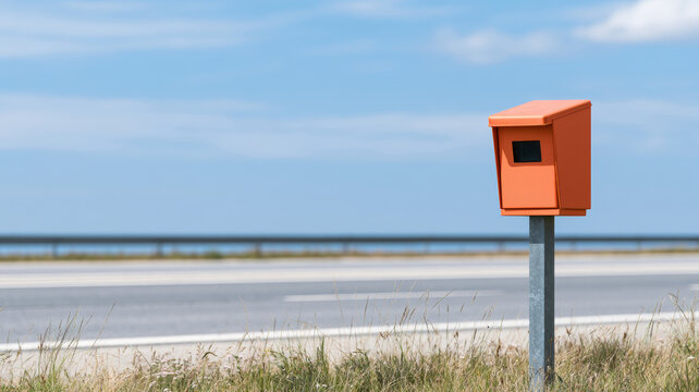 Orange roadside speed camera box enforcing traffic laws, monitoring vehicle speed on a bright day