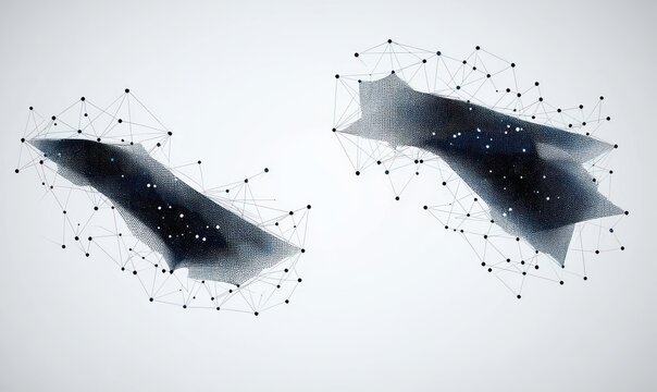 two floating dark mesh surfaces made of dotted grids and connecting lines with scattered glowing points, minimalist futuristic network abstraction and calm technological mood