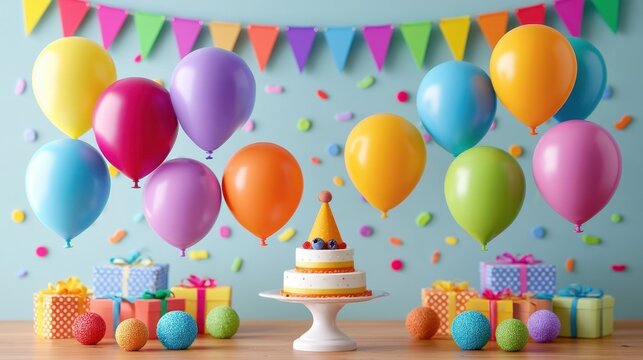Colorful birthday celebration setup with floating balloon in bright colors and decorated table featuring a festive cake with a hat on top and gift boxes background