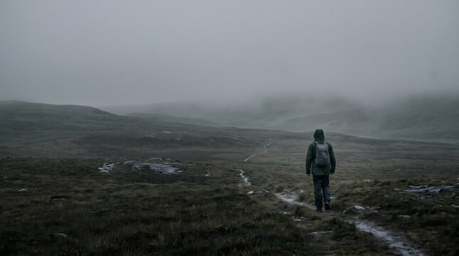 A lone hiker walking on a muddy trail through a misty, desolate landscape